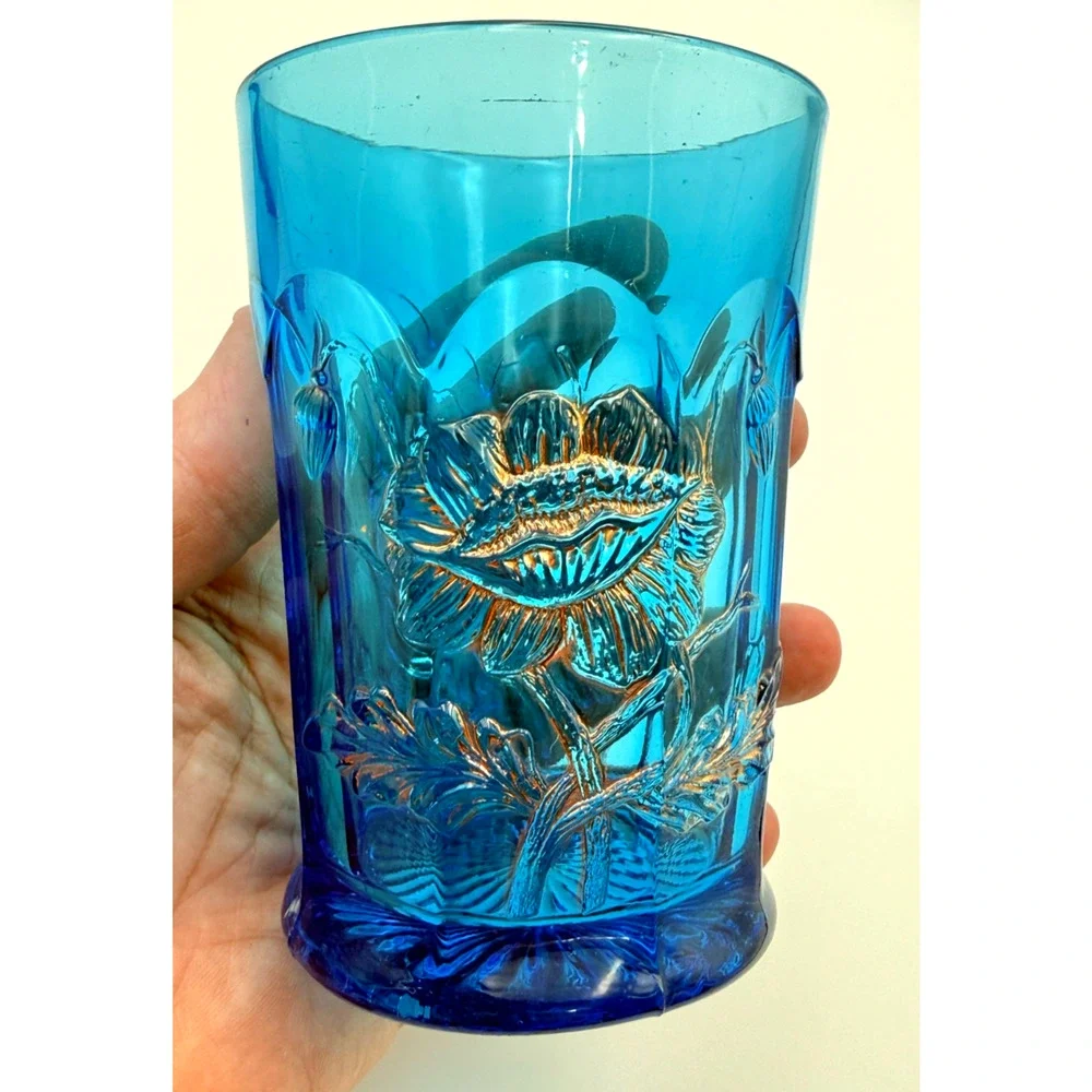 Antique Northwood Electric Celeste Blue Oriental Poppy Glass Tumblers EAPG Flora